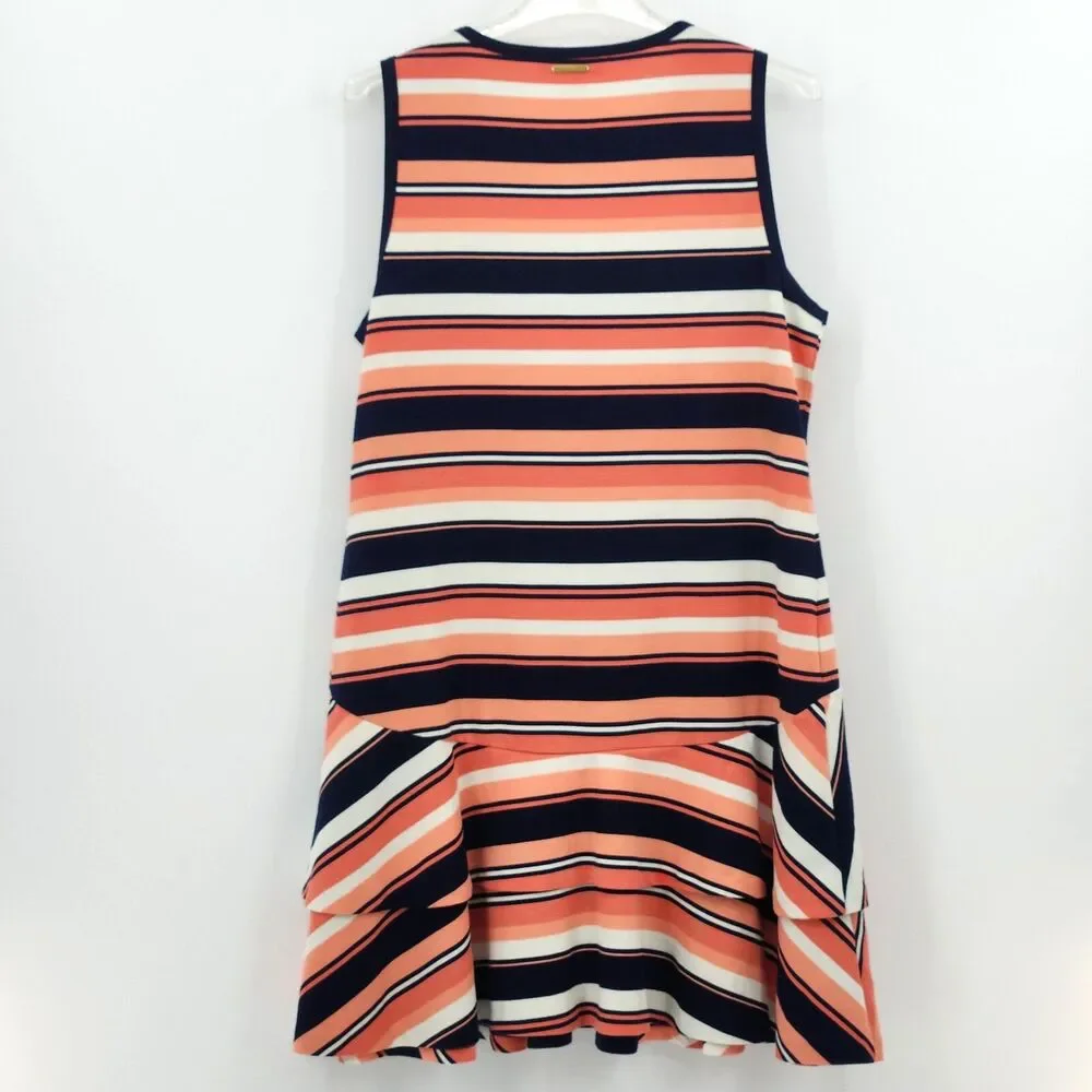 Michael Kors Drop Waist Dress Size XL Pink Blue Stripes Flounce Ruffle Preppy
